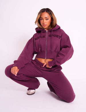 Kaiia Sport Logo Zip Through Cropped Hoodie Burgundy