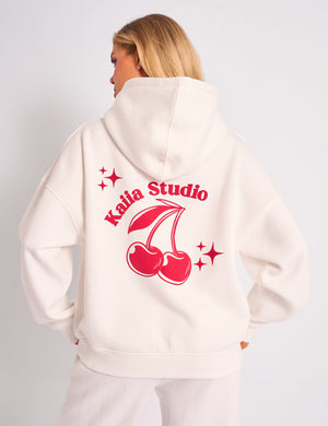 Kaiia Studio Cherry Graphic Oversized Hoodie Cream & Red