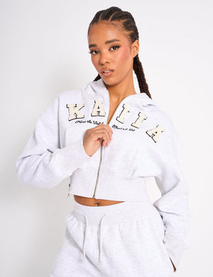 Kaiia Slogan Cropped Zip Up Hoodie Light Grey Marl & White