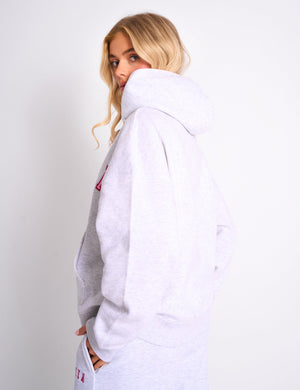 Kaiia Slogan Oversized Hoodie Light Grey Marl & Pink Contrast