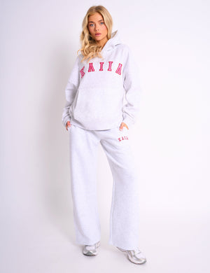 Kaiia Slogan Oversized Hoodie Light Grey Marl & Pink Contrast