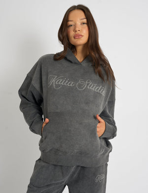 Kaiia Studio Diamante Embellished  Acid Wash Oversized Hoodie Dark Grey