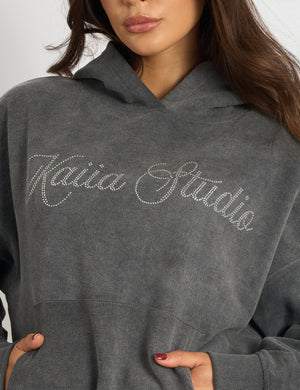 Kaiia Studio Diamante Embellished  Acid Wash Oversized Hoodie Dark Grey