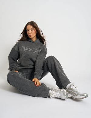 Kaiia Studio Diamante Embellished  Acid Wash Oversized Hoodie Dark Grey