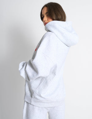 Kaiia Bow Embroidered Oversized Hoodie Light Grey Marl & Red