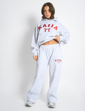 Kaiia Bow Embroidered Oversized Hoodie Light Grey Marl & Red