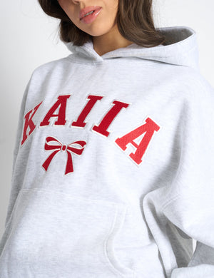Kaiia Bow Embroidered Oversized Hoodie Light Grey Marl & Red