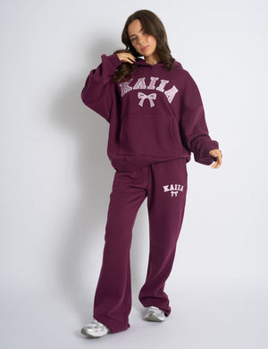 Kaiia Bow Embroidered Oversized Hoodie Plum & Baby Pink
