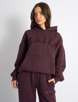 Kaiia Borg Slogan Oversized Hoodie Dark Cherry