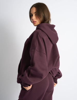 Kaiia Borg Slogan Oversized Hoodie Dark Cherry