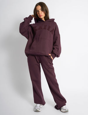 Kaiia Borg Slogan Oversized Hoodie Dark Cherry