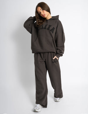 Kaiia Borg Slogan Oversized Hoodie Chocolate