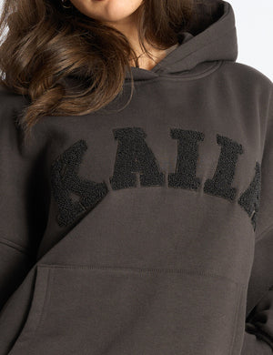 Kaiia Borg Slogan Oversized Hoodie Chocolate