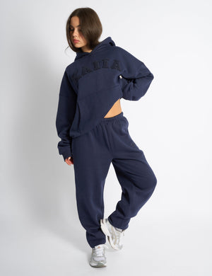 Kaiia Borg Slogan Oversized Hoodie Deep Blue