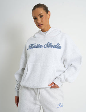 Kaiia Borg Script Logo Oversized Hoodie Light Grey Marl & Vintage Blue