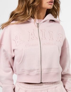 Kaiia Slogan Zip Through Cropped Hoodie Pink Chai