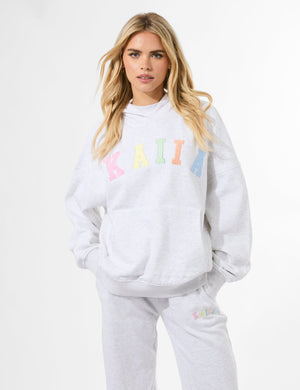 Kaiia Rainbow Logo Oversized Hoodie Light Grey Marl