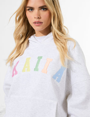 Kaiia Rainbow Logo Oversized Hoodie Light Grey Marl