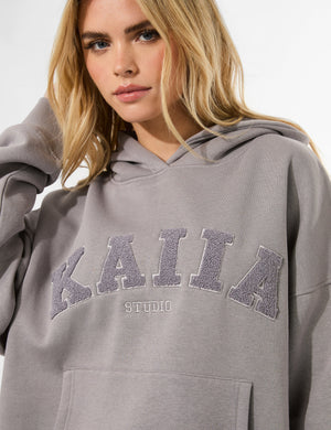 Kaiia Studio Borg Slogan Oversized Hoodie Dove Grey
