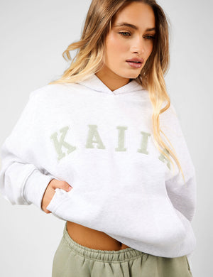 Kaiia Slogan Oversized Hoodie Light Grey Marl & Sage