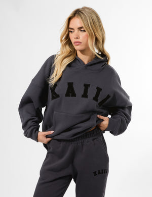 Kaiia Slogan Oversized Hoodie Dark Grey