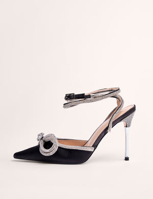 Midnight Black Wrap Around Diamante Bow Pointed Toe High Heel