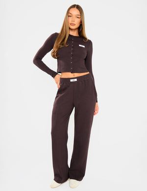 Kaiia Label Logo Premium Interlock Seam Detail Wide Leg Joggers Dark Brown