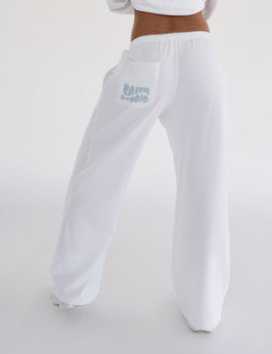 Kaiia Studio Bubble Logo Pocket Wide Leg Sweat Pants White & Blue