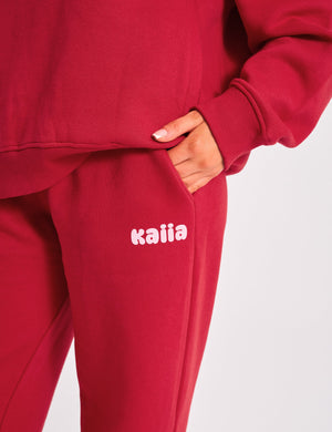 Kaiia Ribbed Waistband Wide Leg Joggers Red & Pink