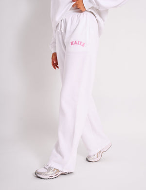 Kaiia Bow Embroidered Ribbed Waistband Wide Leg Joggers White & Pink