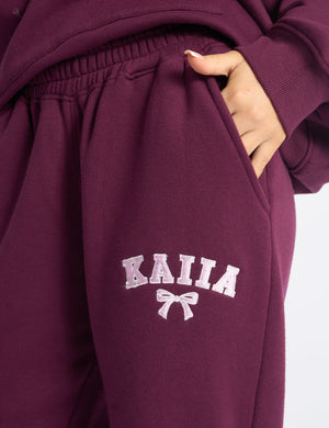 Kaiia Bow Embroidered Ribbed Waistband Wide Leg Joggers Plum & Baby Pink