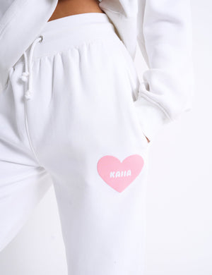 Kaiia Love Heart Graphic Ribbed Waistband Joggers White