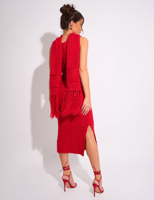 Kaiia Boucle Knitted Sleeveless Jumper Dress With Scarf Red