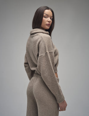Kaiia Knit Fold Over Collar Quarter Zip Sweater Taupe