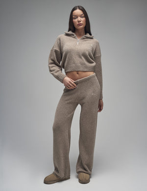 Kaiia Knit Fold Over Collar Quarter Zip Sweater Taupe