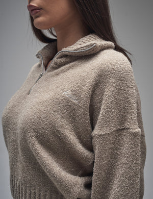 Kaiia Knit Fold Over Collar Quarter Zip Sweater Taupe