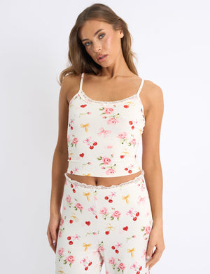 Kaiia Cherry Rose Print Cami Top & Trousers PJ Set Cream