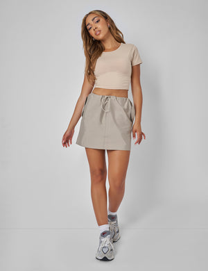 Drawstring Waist Cargo Mini Skirt Khaki