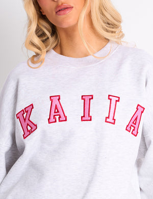 Kaiia Slogan Oversized Sweatshirt Light Grey Marl & Pink Contrast