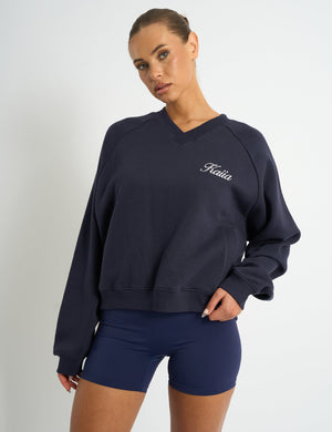 Kaiia Script V Neck Oversized Sweatshirt Navy & Yellow