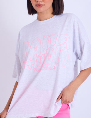 Kaiia Studio Embroidered Bubble Logo Oversized T-shirt Grey Marl & Pink