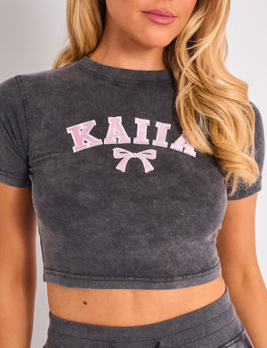 Kaiia Bow Embroidered Baby Tee Washed Dark Grey & Pink