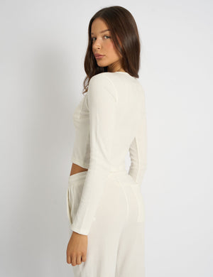 Kaiia Waffle Button Up Long Sleeve Top Cream