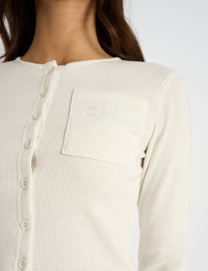 Kaiia Waffle Button Up Long Sleeve Top Cream
