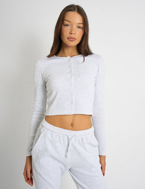 Kaiia Waffle Button Up Long Sleeve Top Grey Melange