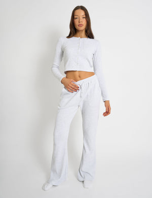 Kaiia Waffle Button Up Long Sleeve Top Grey Melange