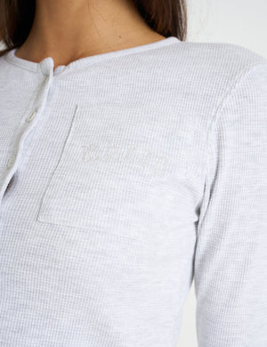 Kaiia Waffle Button Up Long Sleeve Top Grey Melange
