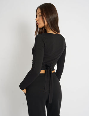 Kaiia Lace Trim Wrap Long Sleeve Top Black