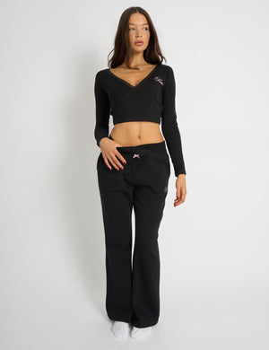 Kaiia Lace Trim Wrap Long Sleeve Top Black