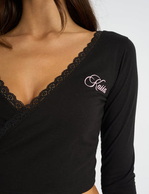 Kaiia Lace Trim Wrap Long Sleeve Top Black